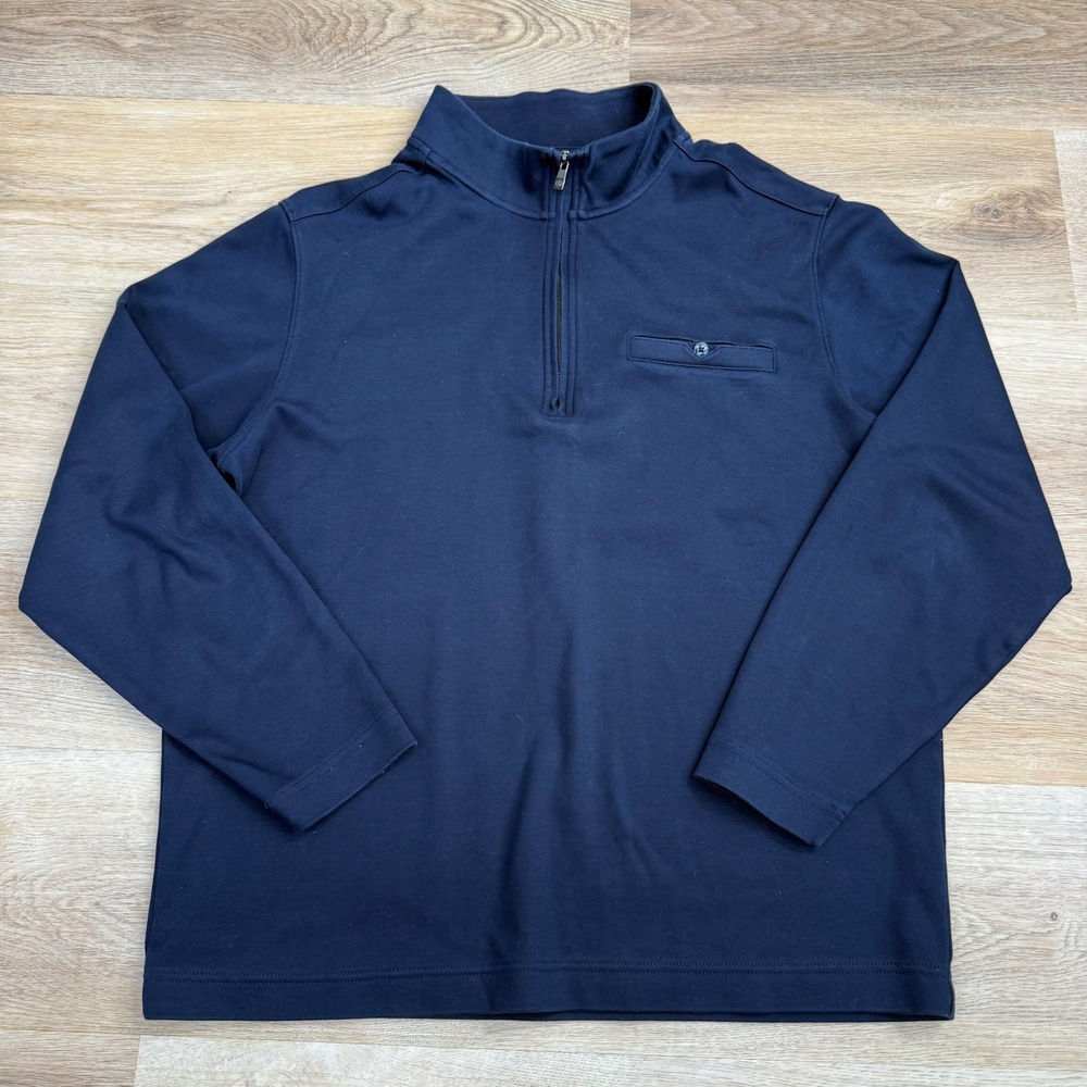 Hart Schaffner Marx Navy Blue Quarter Zip Pullover Mens Size L Mock Neck Cotton